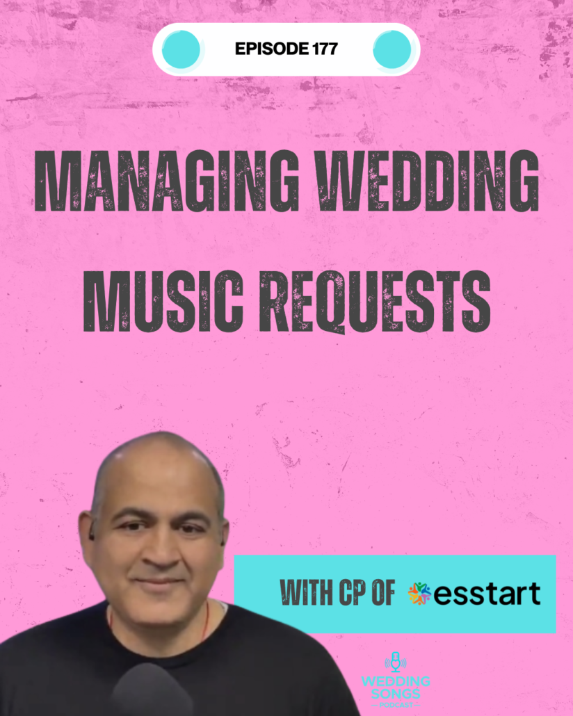 A podcast cover with a pink background titled Managing Wedding Music Requests. It features a smiling man with a headset and text reading With CP of Esstart and the Wedding Songs Podcast logo.